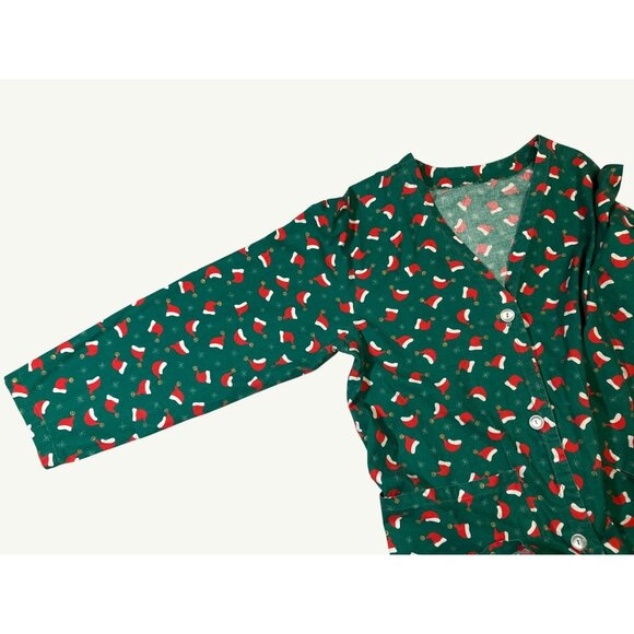 Christmas Themed Green Button-Up Scrub Jacket With Santa Hat Print Homemade - Picture 4 of 10